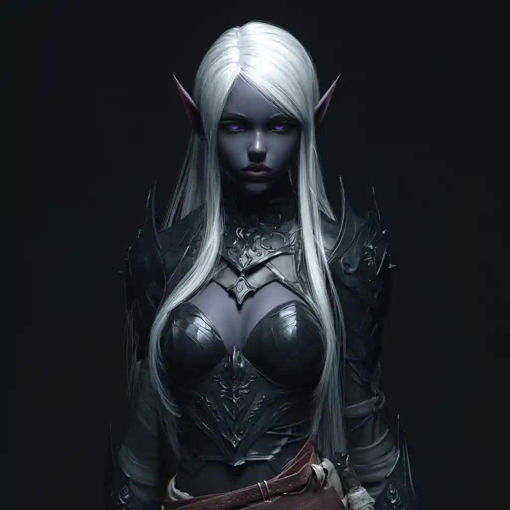 身穿俐落黑色魔法鎧甲的黑暗精靈女子