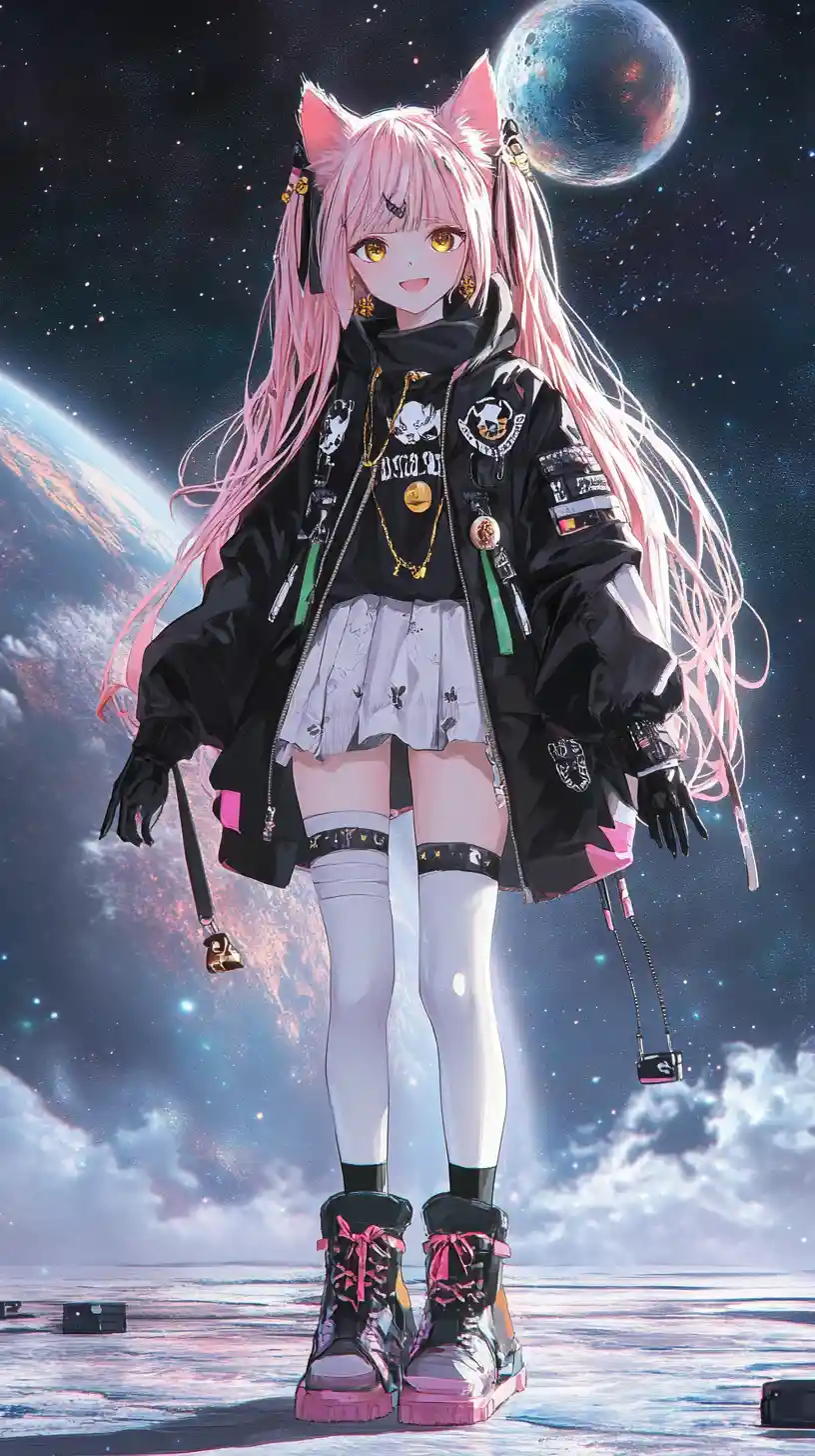 Anime girl with pink hair in stylish layered streetwear