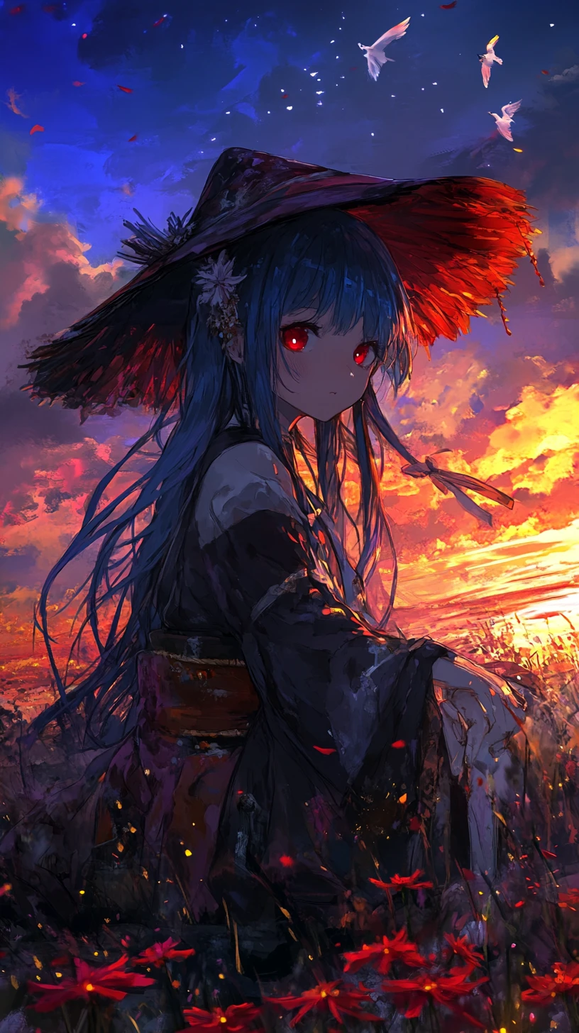Chica de anime triste cayendo ante un cielo púrpura brillante