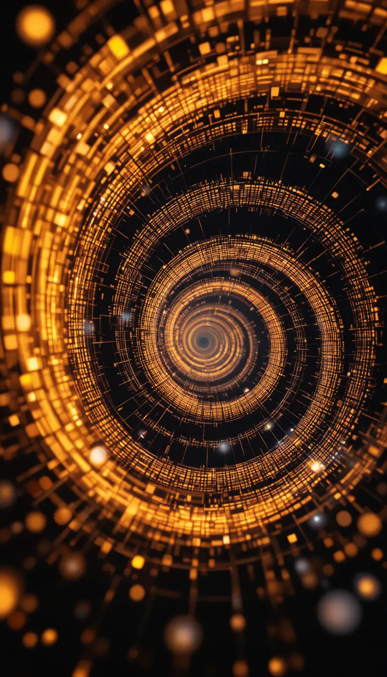 Glowing binary vortex twisting through dark digital space