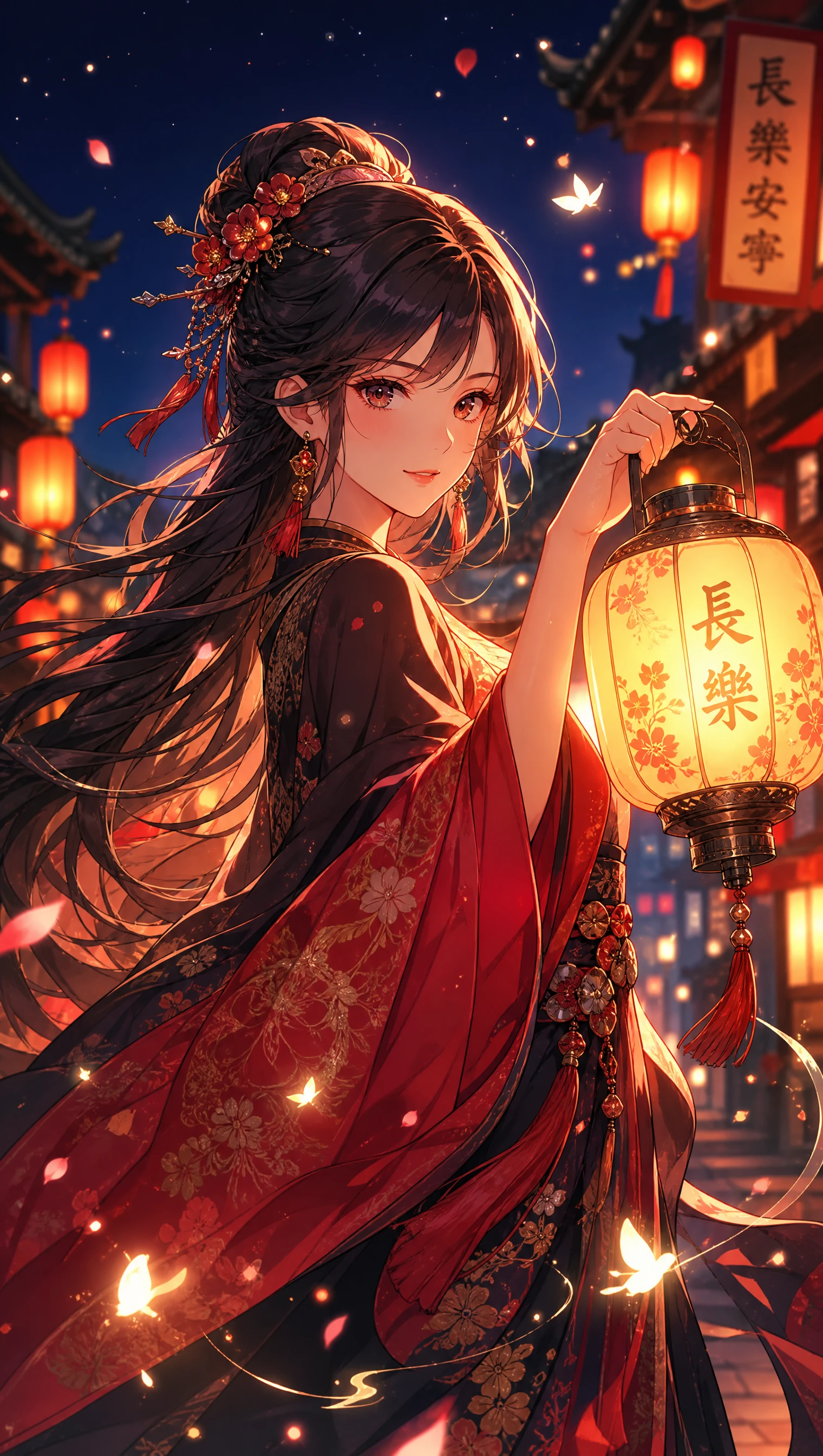 Chica de anime con linterna brillante en una calle tranquila de noche
