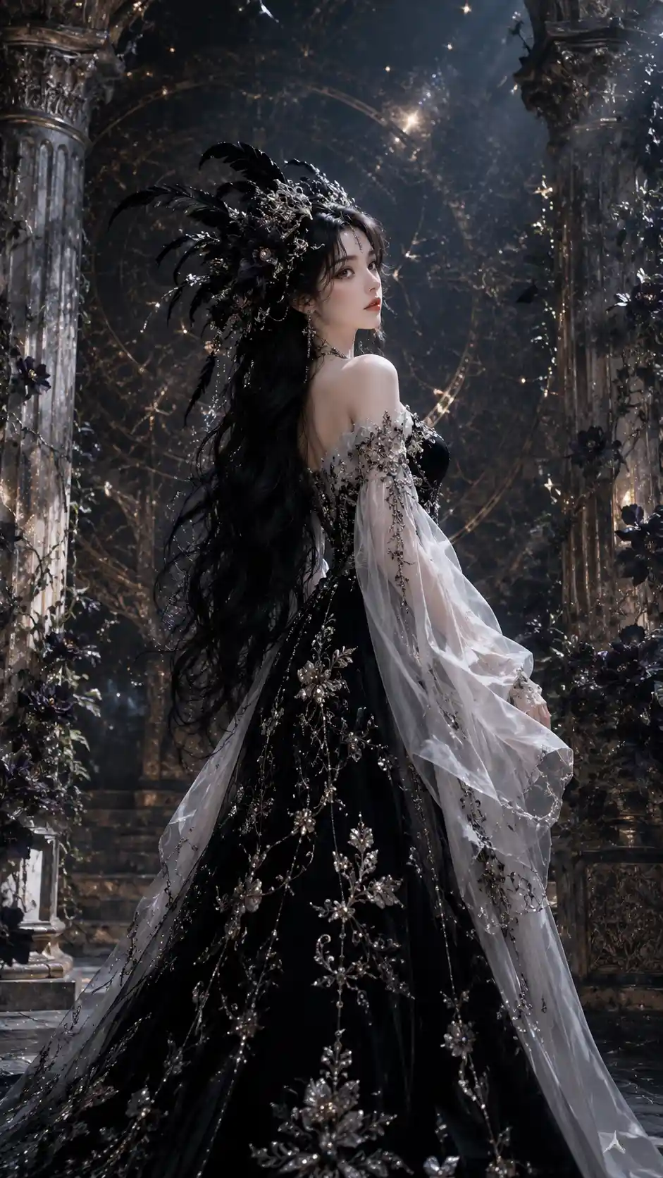 Majestic dark haired woman in a gothic celestial hall