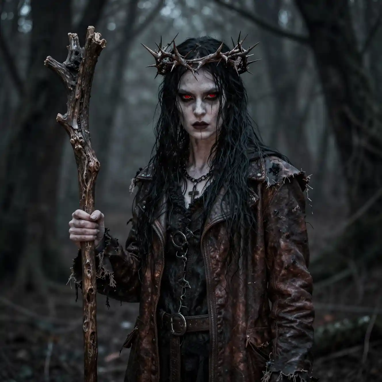 Druida oscura en un bosque maldito con bastón
