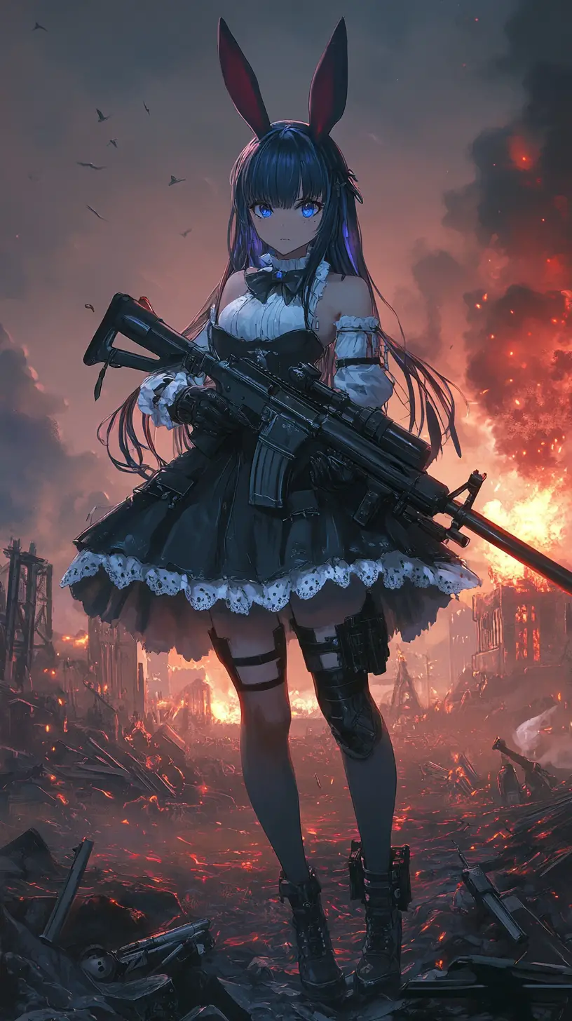 Fille d’anime visant avec un fusil dans une zone de guerre urbaine en ruines