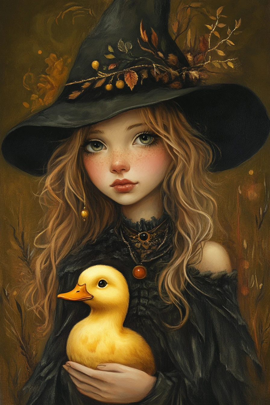 Chica bruja encantadora con su diminuto pato amarillo familiar