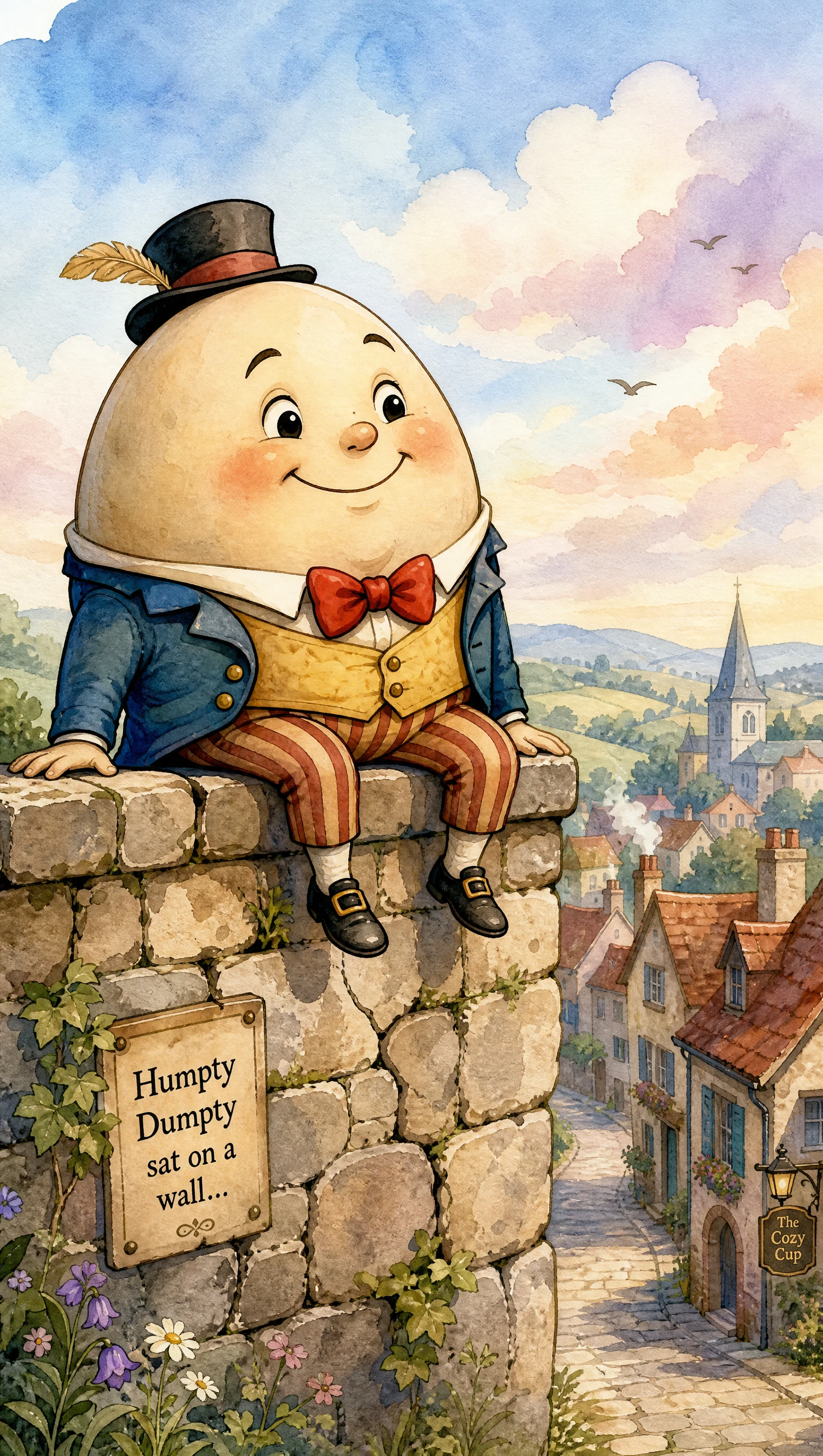 Humpty Dumpty su un muro di pietra sopra un villaggio tranquillo