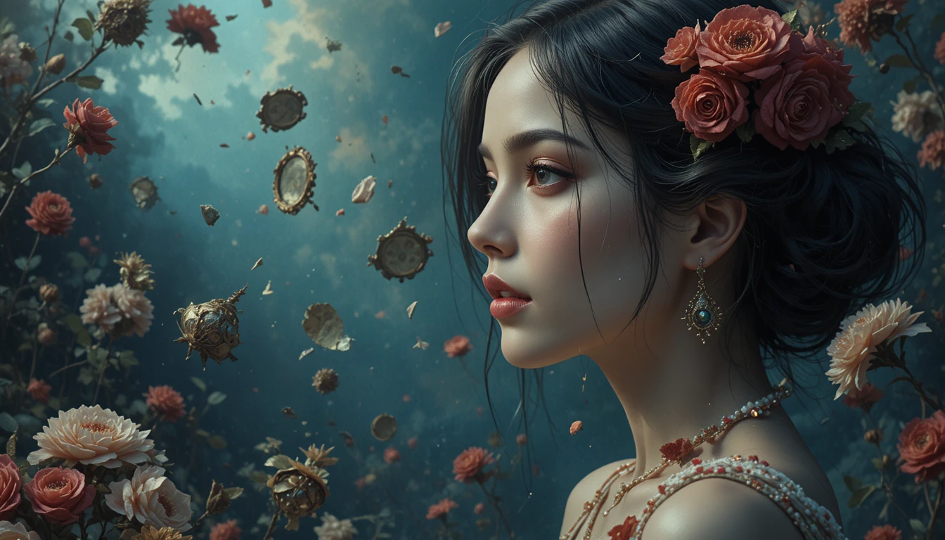 Retrato femenino surreal disolviéndose en fracturas cósmicas