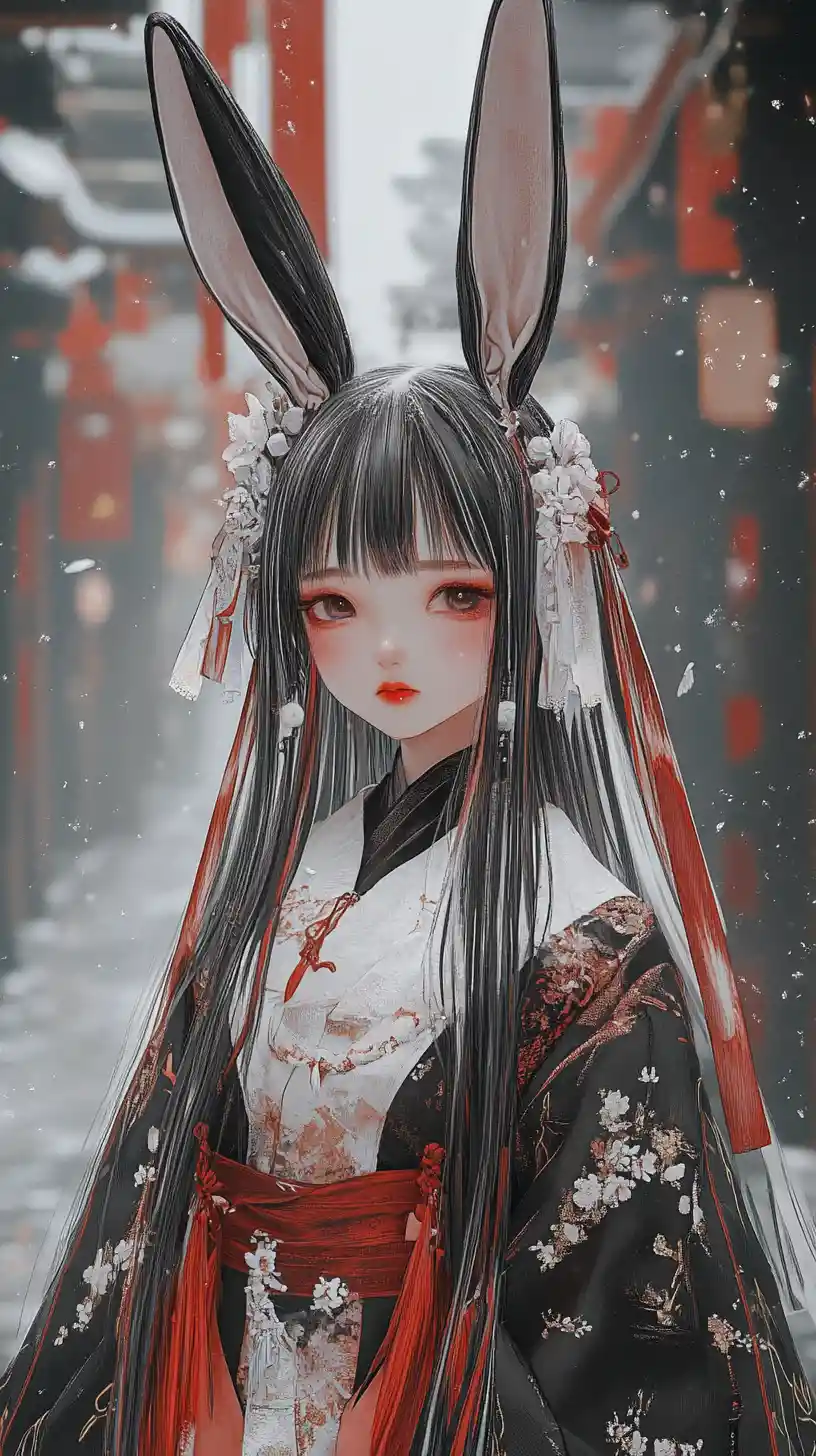 Fille d’anime aux longues oreilles de lapin dans une tenue ornée