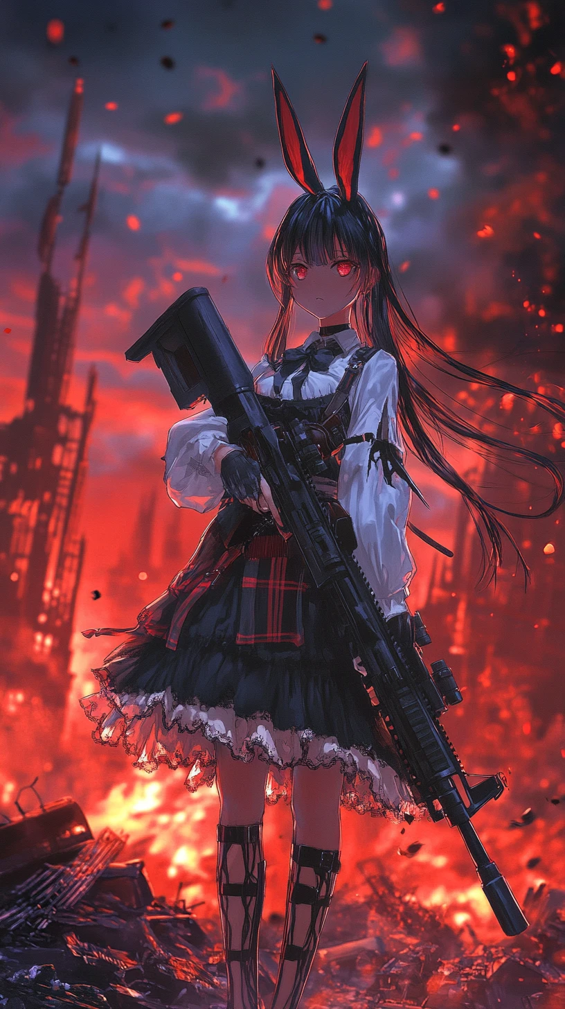 Anime girl aiming a rifle in a burning war zone