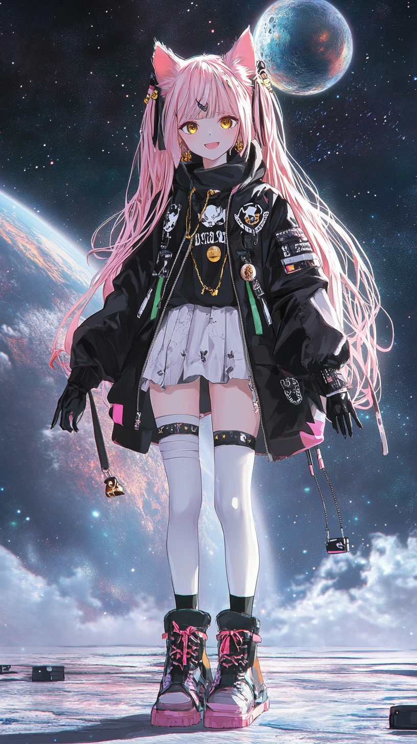 Anime girl with pink hair in stylish layered streetwear