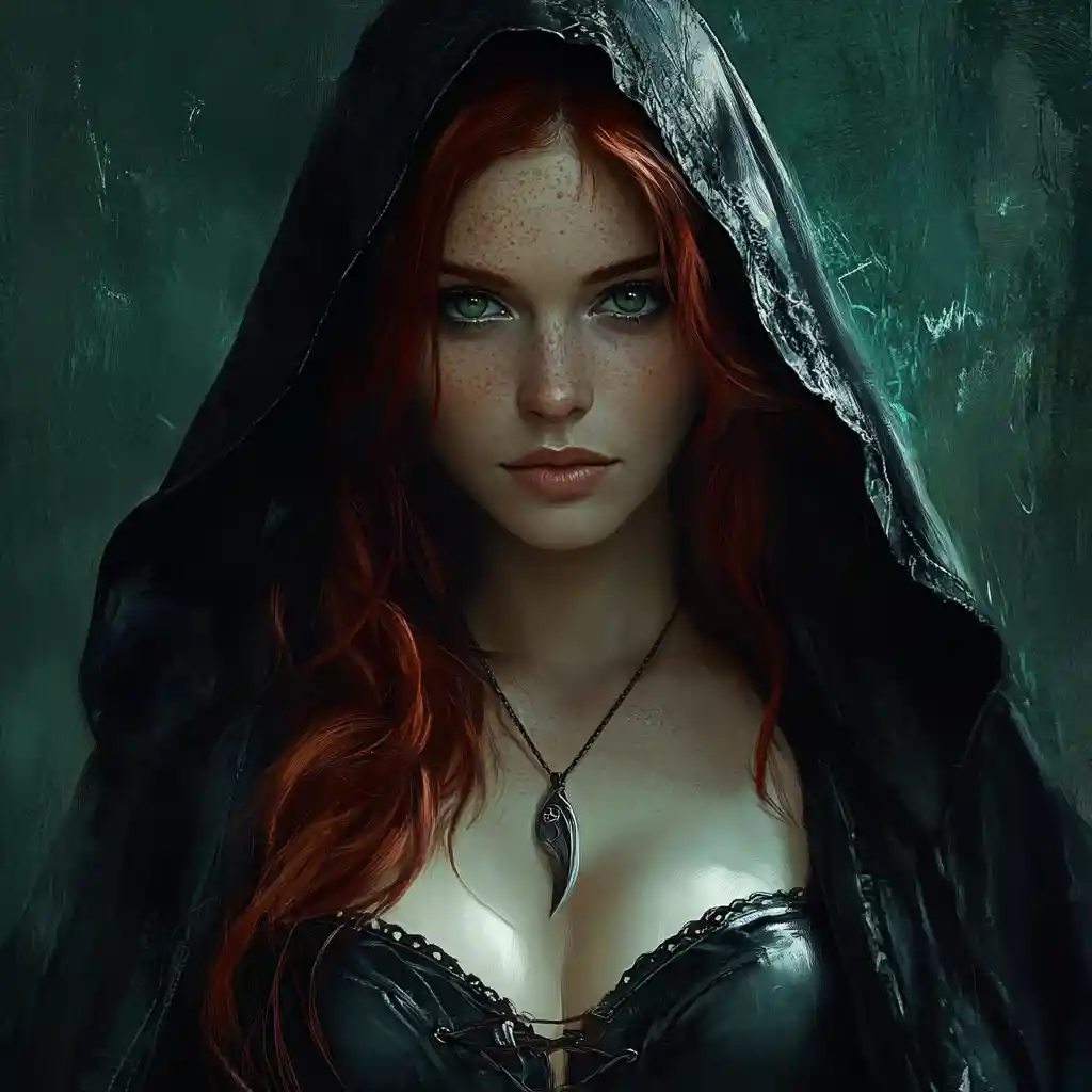 Auburn haired fantasy bard woman with a mysterious gaze