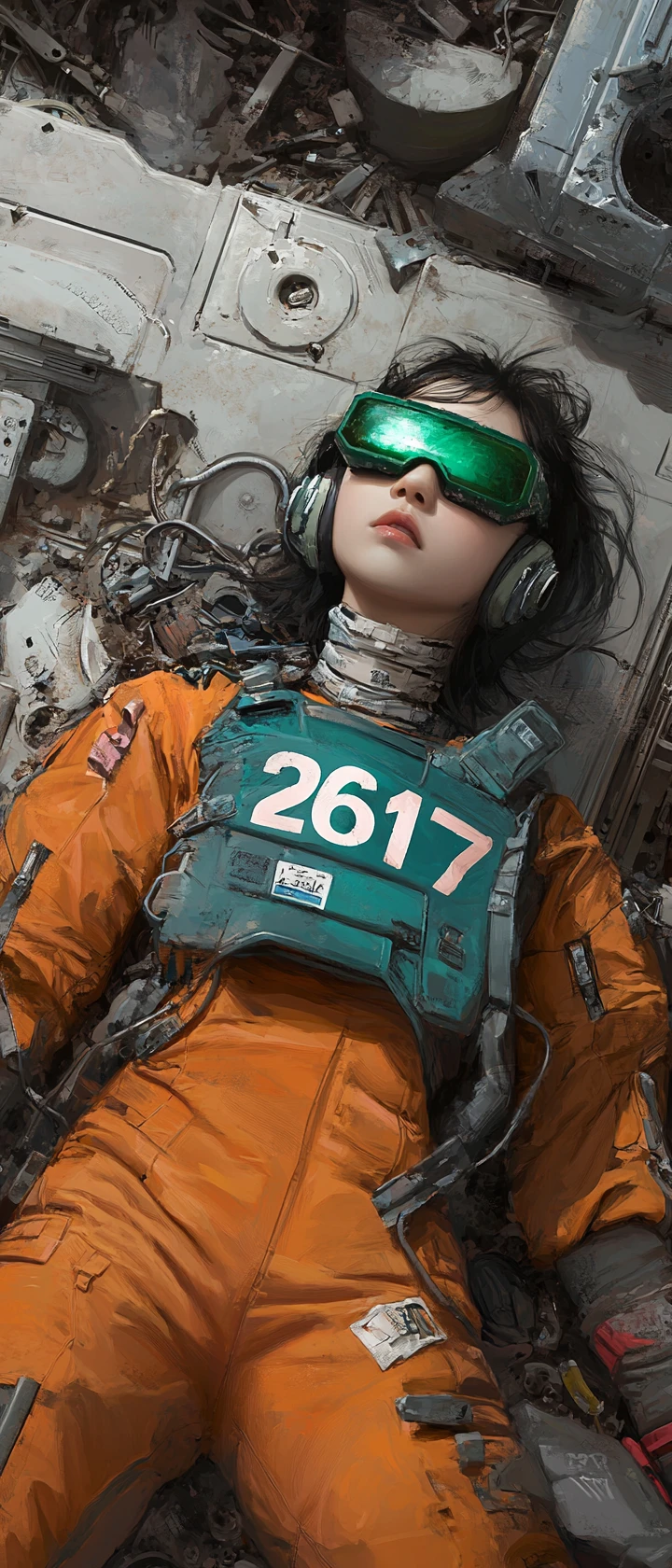 Mujer futurista con armadura de chatarrería y gafas verdes