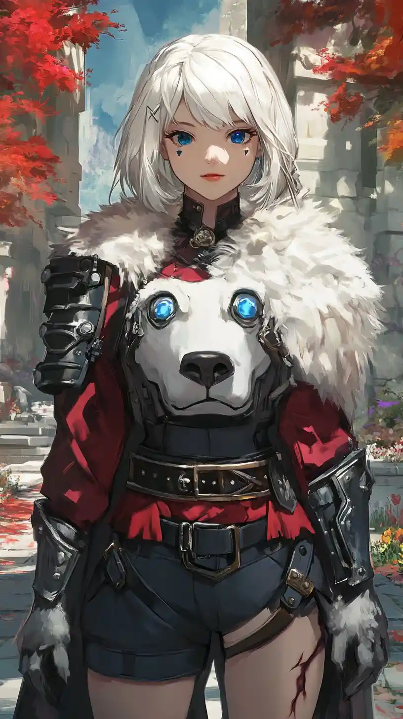 Anime girl warrior in fur cape before chained cave shrine