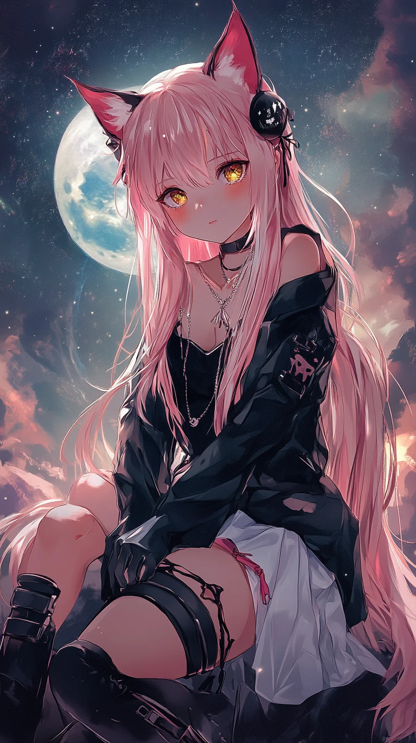 Anime girl floating in space with a distant moon
