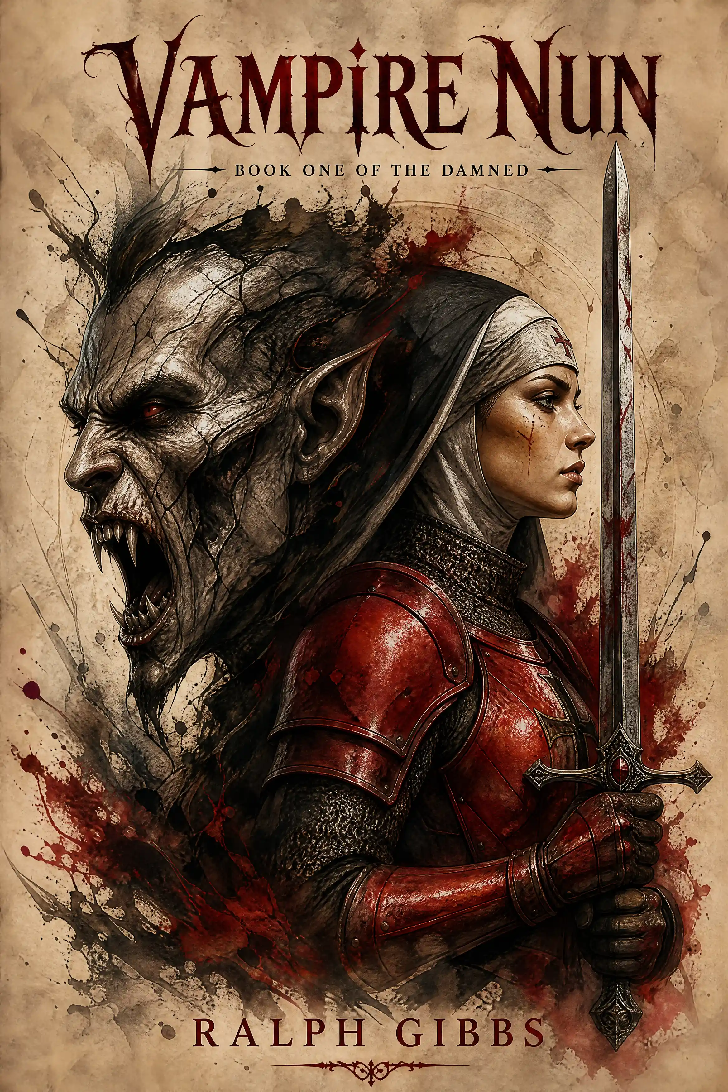 Suora guerriera affronta un vampiro ringhiante in un ritratto di duello mitico
