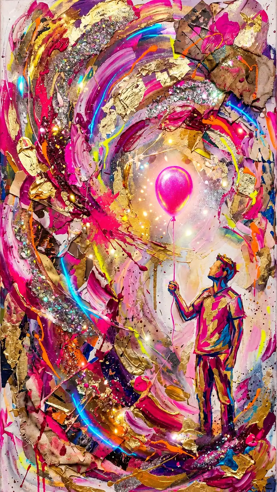 Pintura abstracta en fucsia y dorado con destellos brillantes