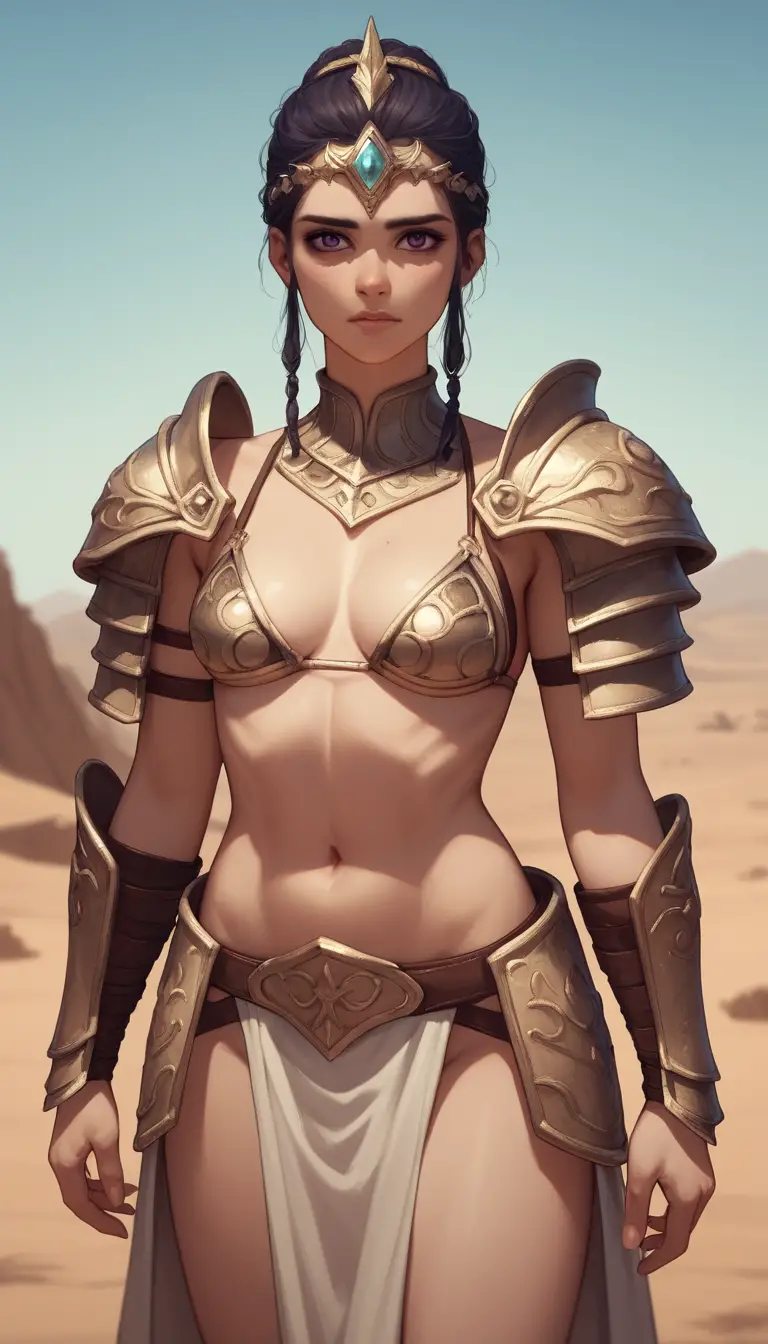 Anime warrior princess by a tranquil desert oasis at twilight