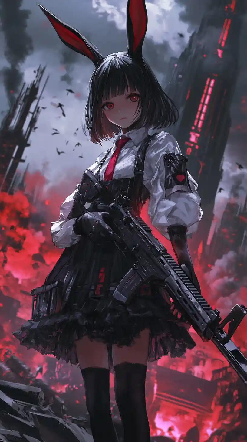 Anime girl aiming a rifle in a burning war zone