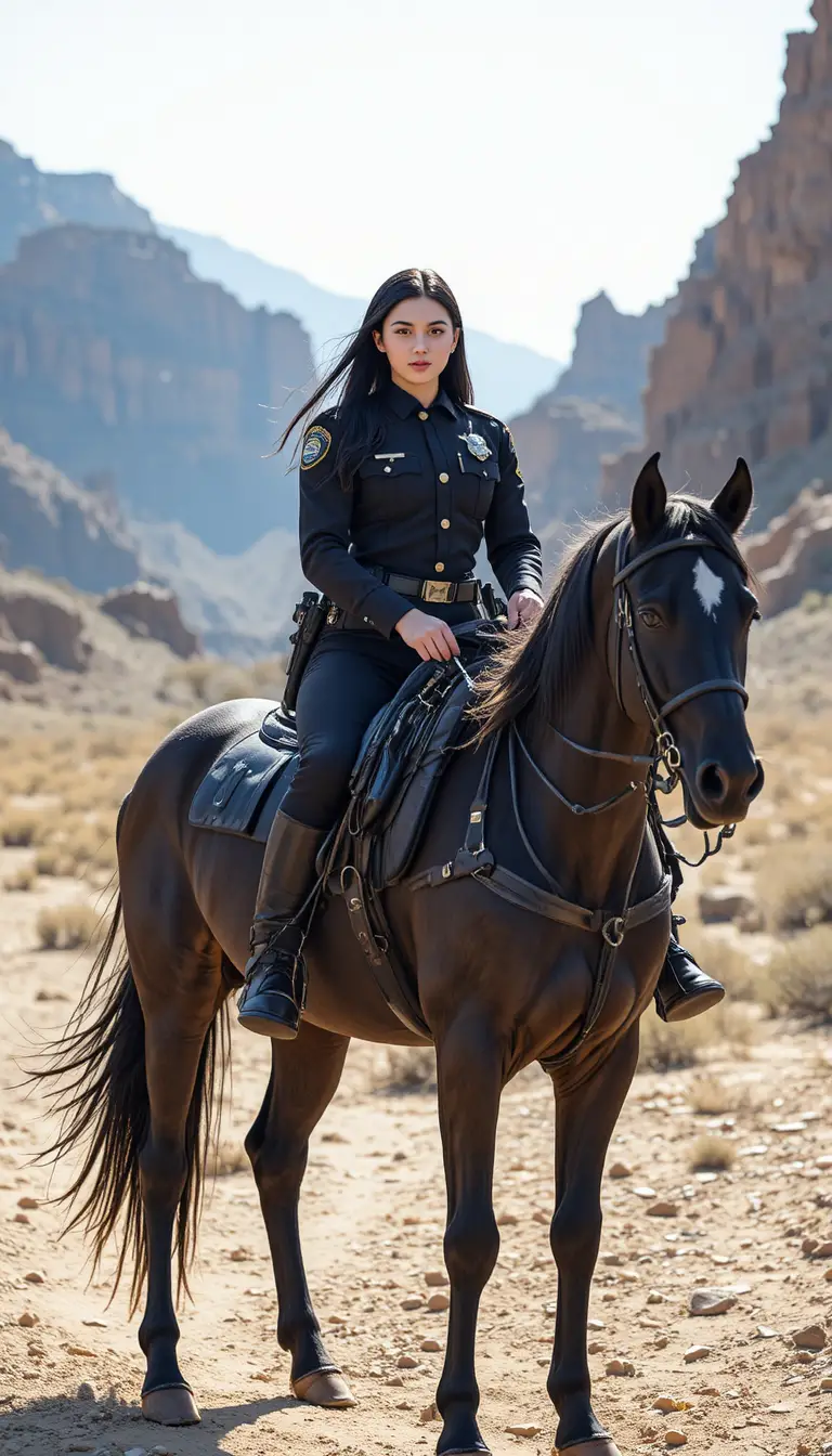 Mujer ayudante del sheriff montando un caballo negro en un cañón desértico