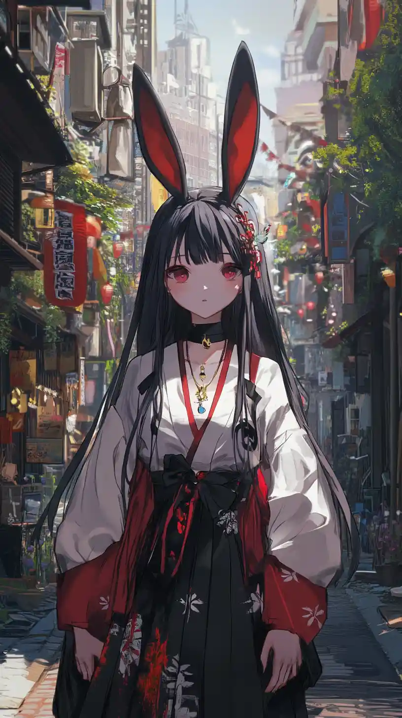 Anime girl with long rabbit ears in lace blouse