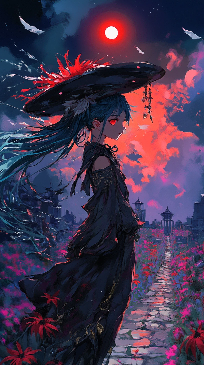 Sad anime girl falling with glowing trail in darkness