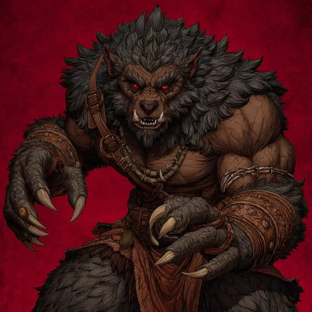 Savage bugbear barbarian with dark fur and red eyes