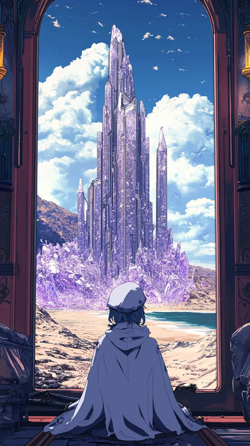 紫の嵐空の前にそびえるねじれた鋼鉄の幻想タワー