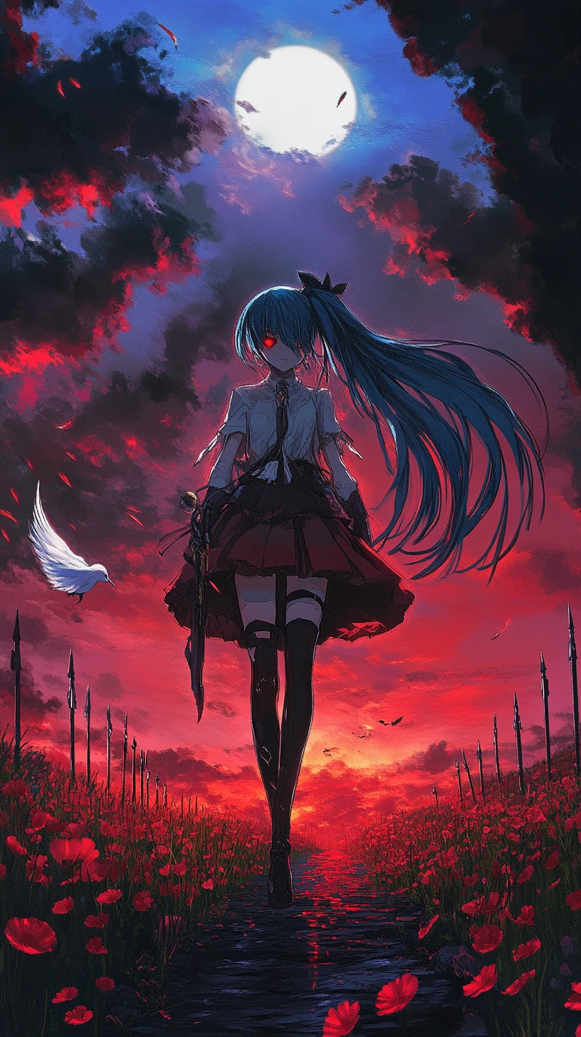 Chica de anime triste cayendo por un cielo oscuro con rastro brillante