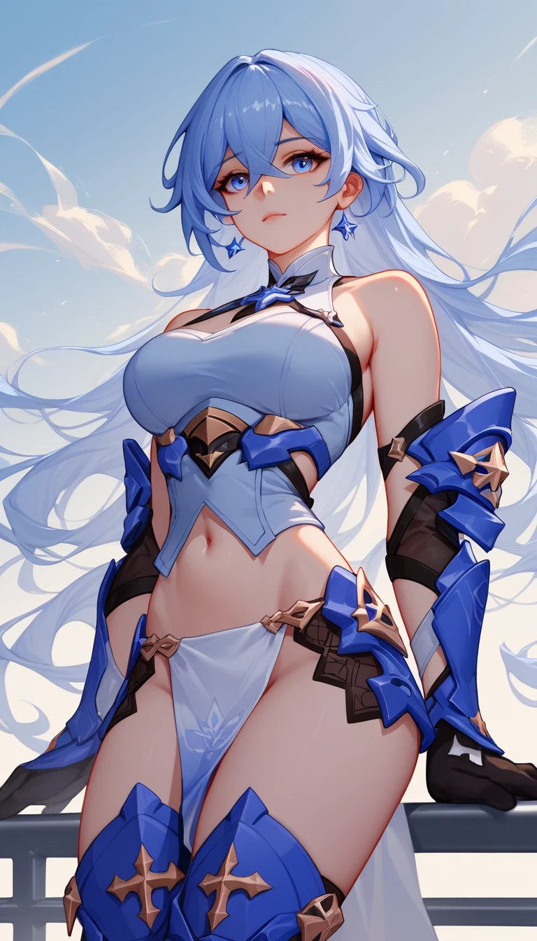 Chica anime en primer plano con ojos azules y atuendo acorazado