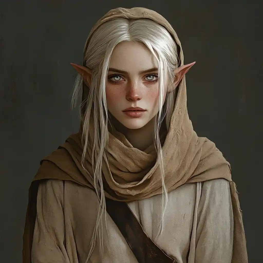 Wise elf sage with silver eyes in simple tan robes
