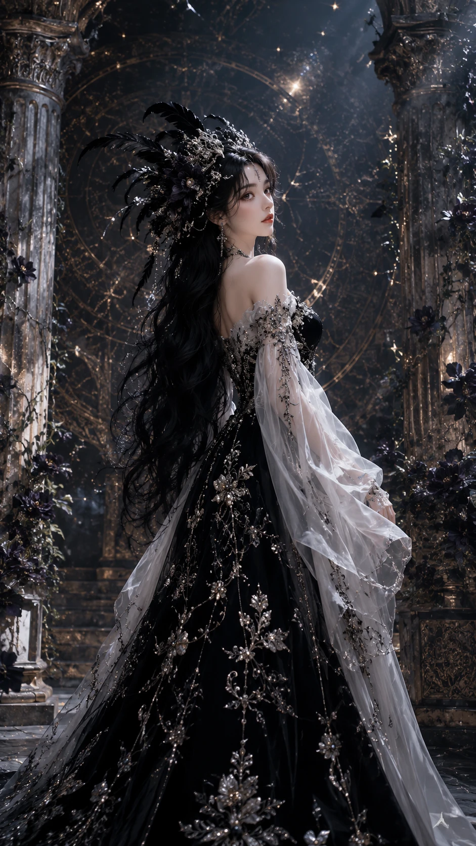 Mujer majestuosa de cabello oscuro en un salón gótico celestial