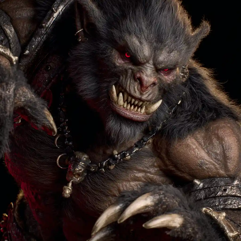 Savage bugbear barbarian with dark fur and red eyes