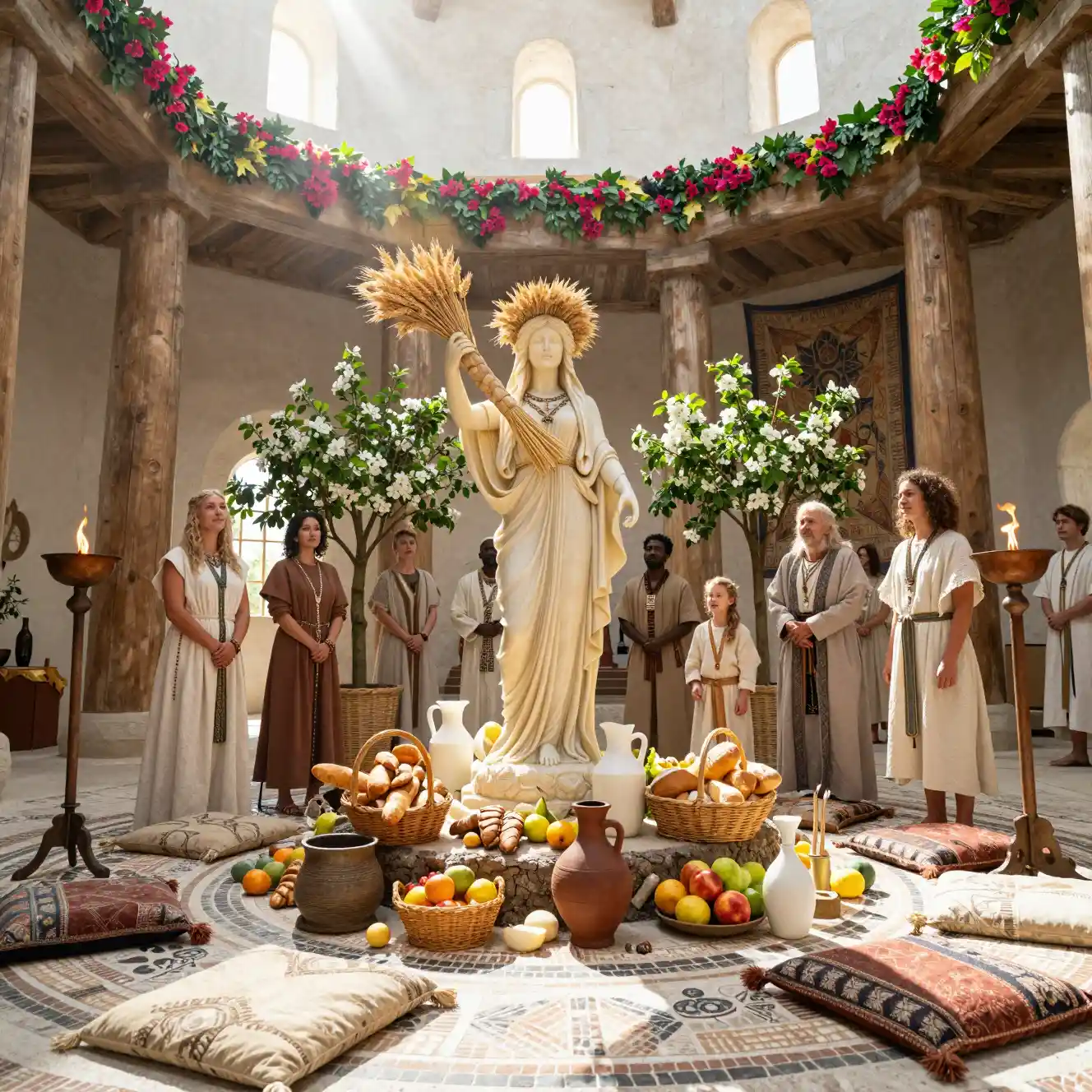 Folla multiculturale che onora una statua di dea in un tempio illuminato dal sole