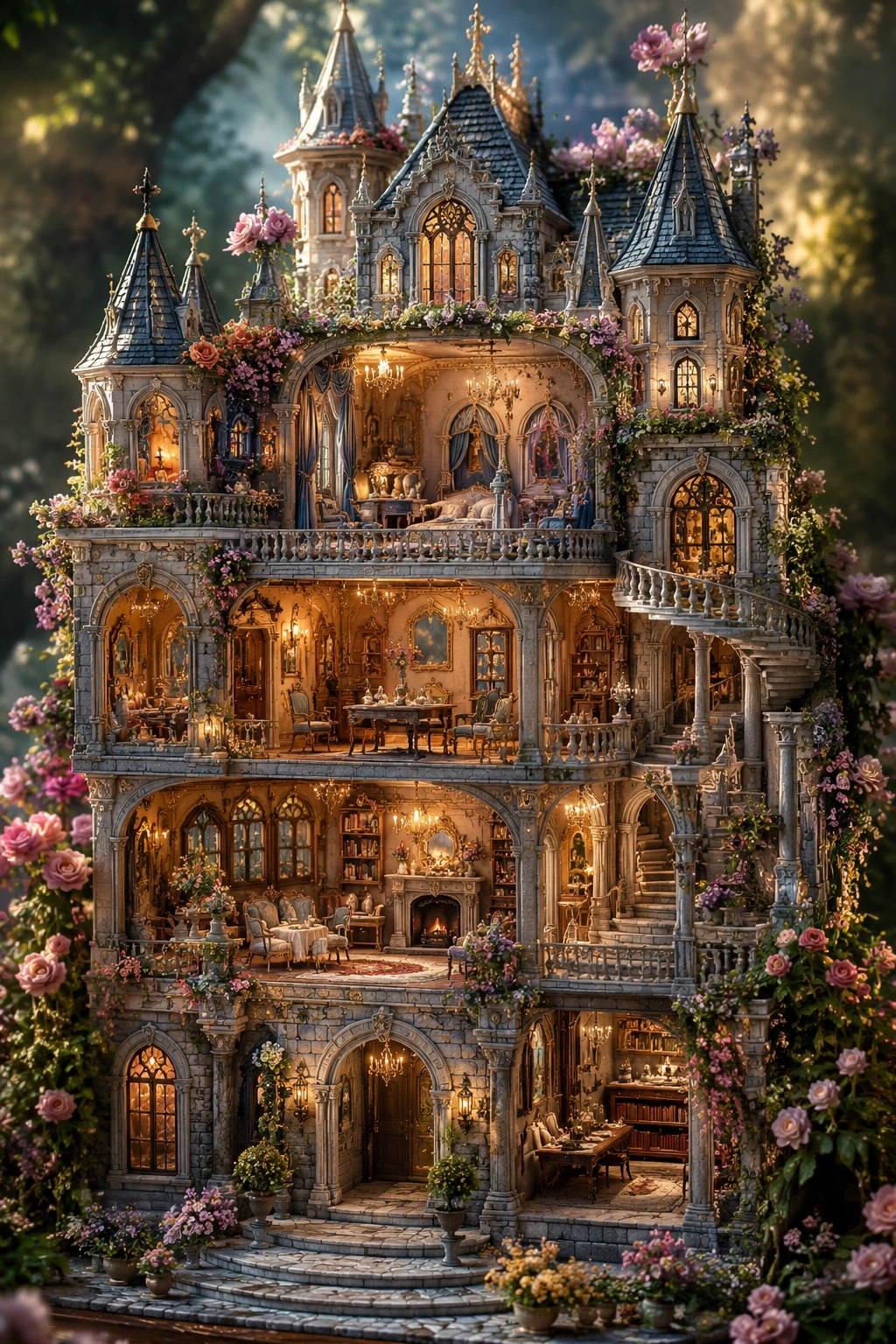 Casa de Muñecas en Forma de Castillo de Cuento de Hadas con Detalles Góticos