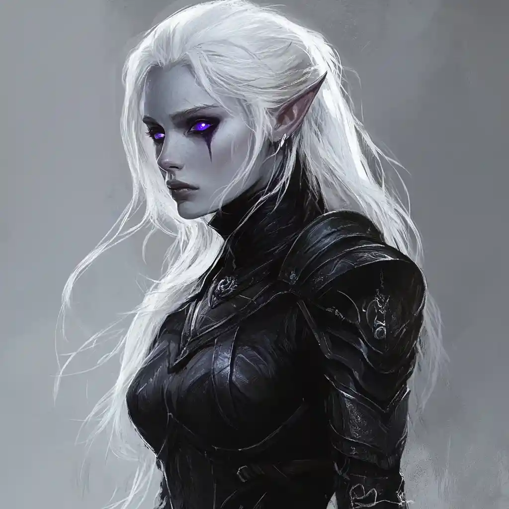Dark elf woman in sleek black magical armor portrait