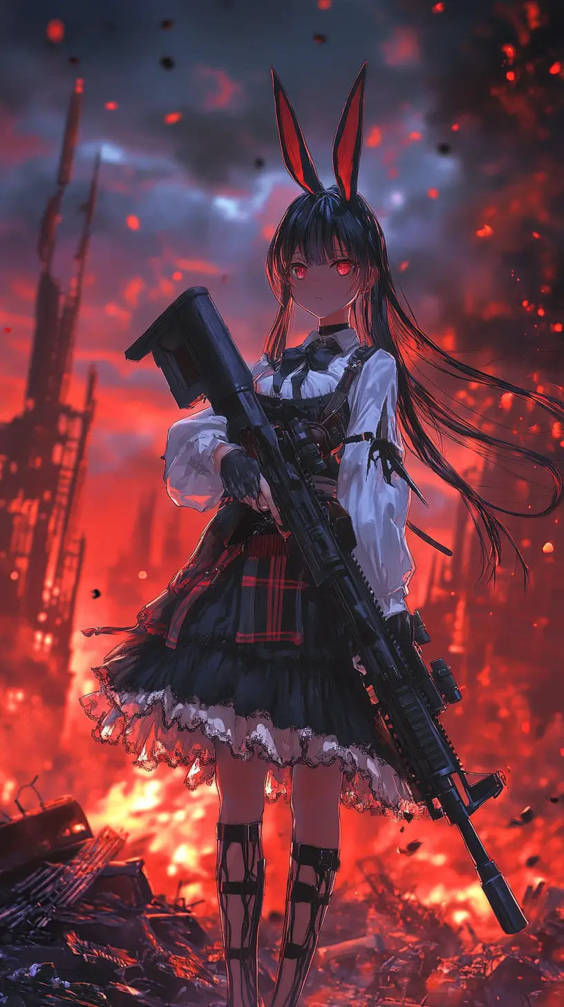 Chica de anime apuntando un rifle en una zona de guerra en llamas
