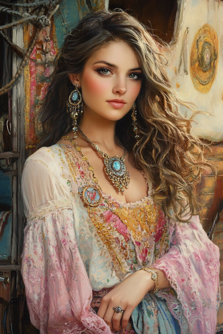 Hechicera mística junto a una carreta gitana vintage al atardecer