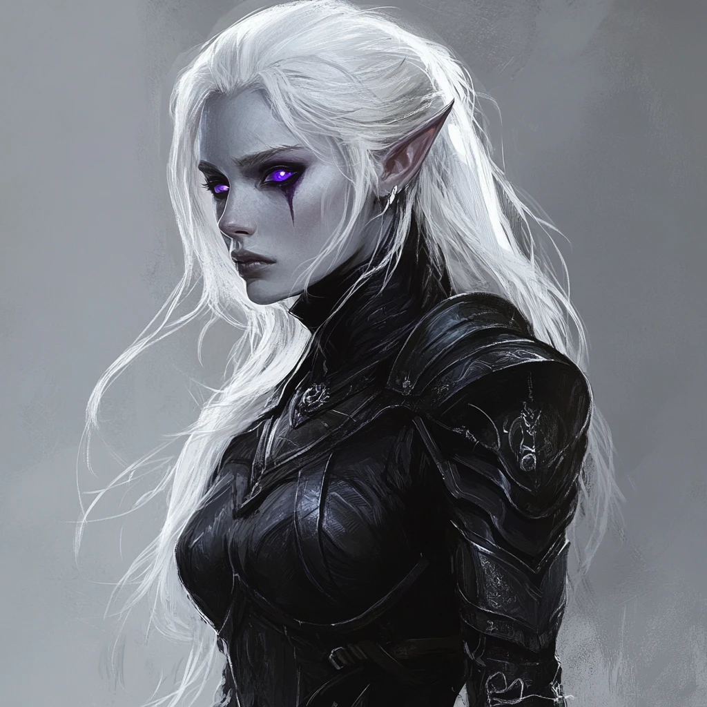 Portrait d’une elfe noire en élégante armure magique noire