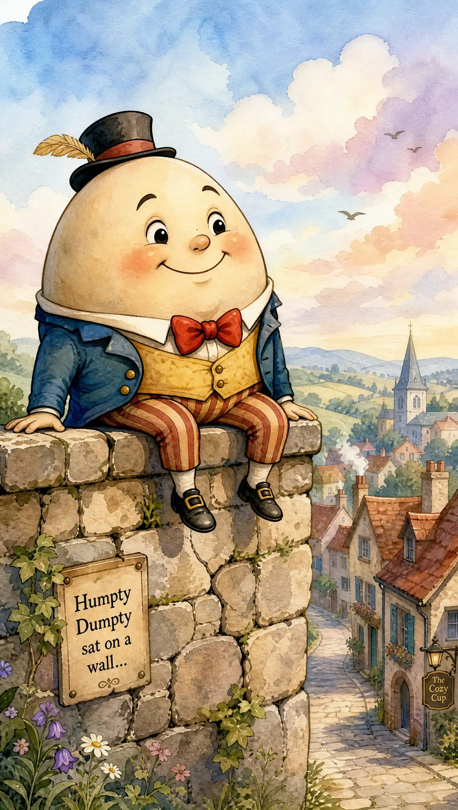 Humpty Dumpty auf einer Steinmauer über einem ruhigen Dorf