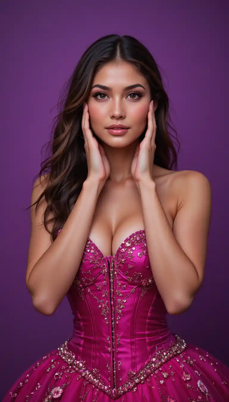 Mujer glamurosa con vestido corsé rosa sobre fondo púrpura