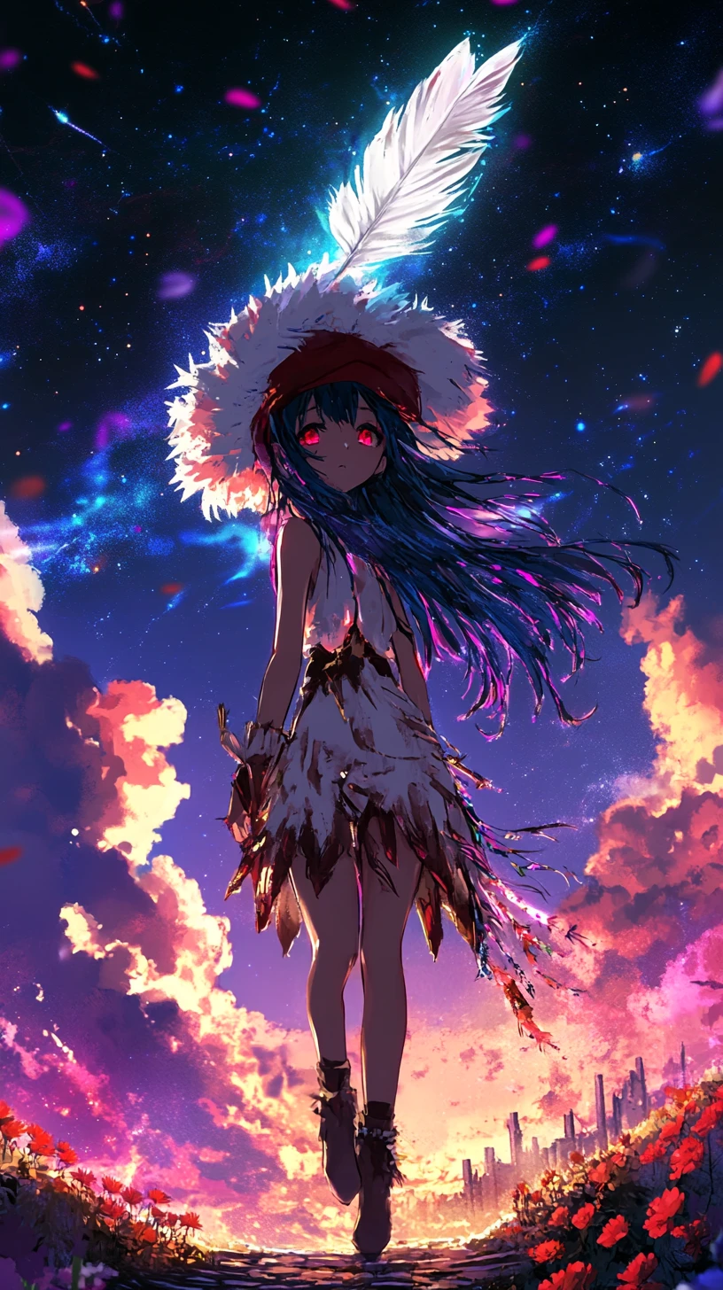 Sad anime girl falling before a glowing purple sky