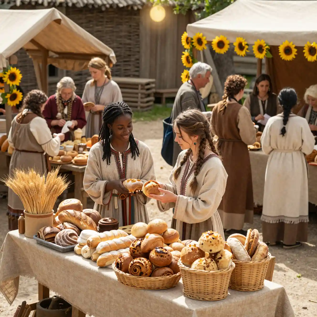 Two young women shopping in a fantasy open air market