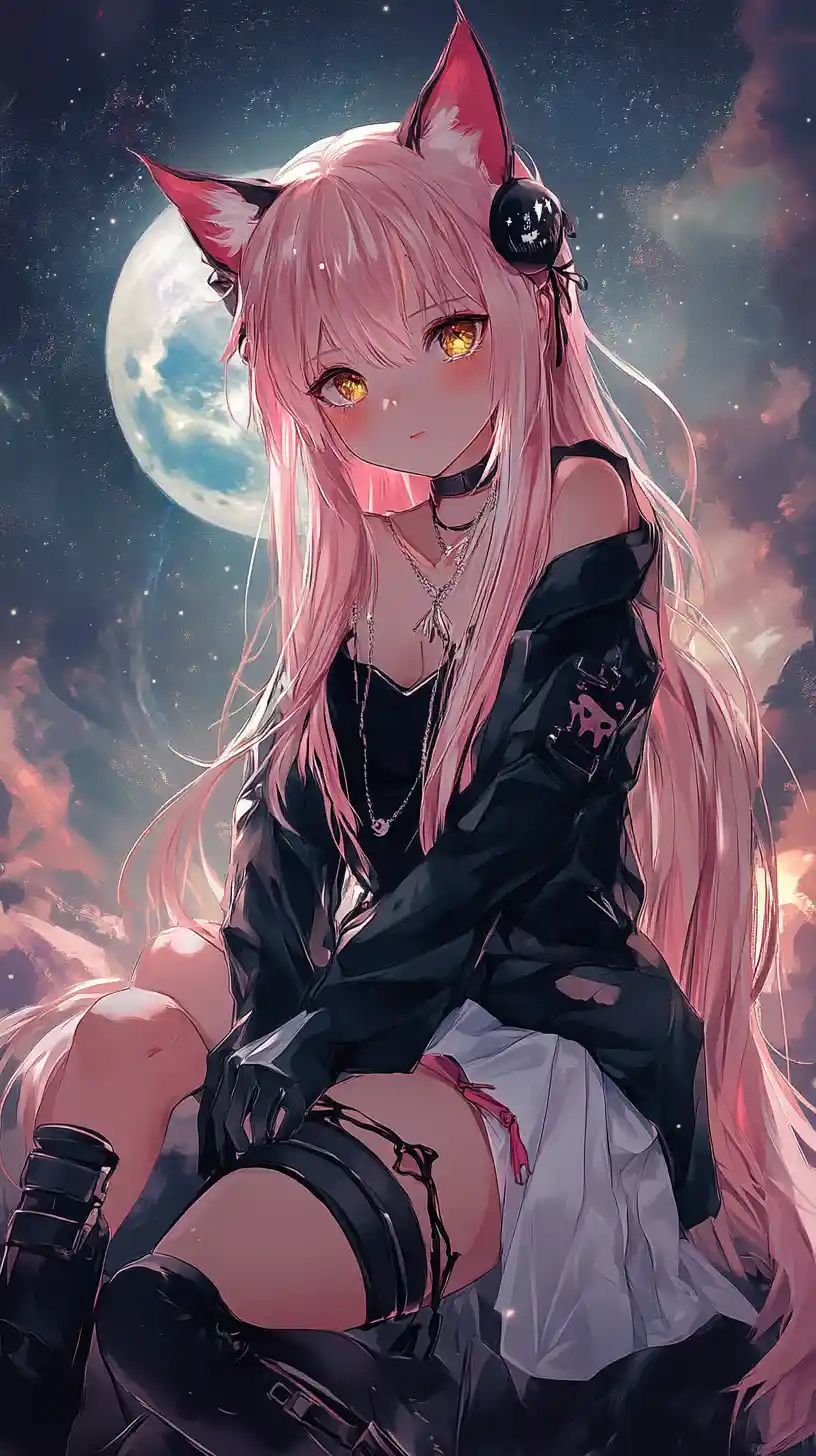Anime girl floating in space with a distant moon