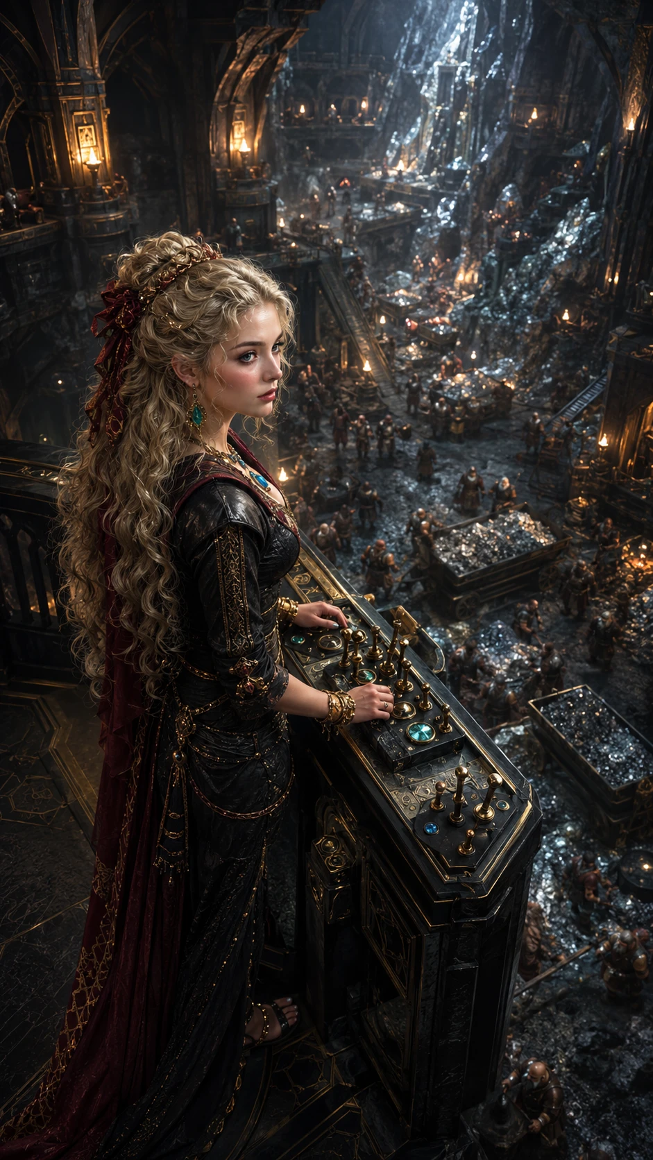 Mujer supervisando a mineros enanos de mithril desde un saliente elevado