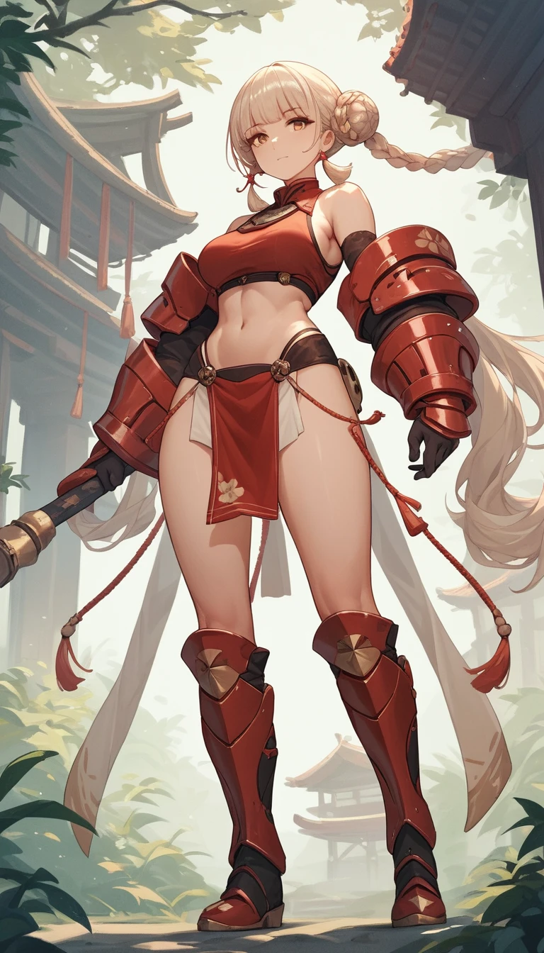 Chica de anime con camiseta roja, guantes pesados y botas