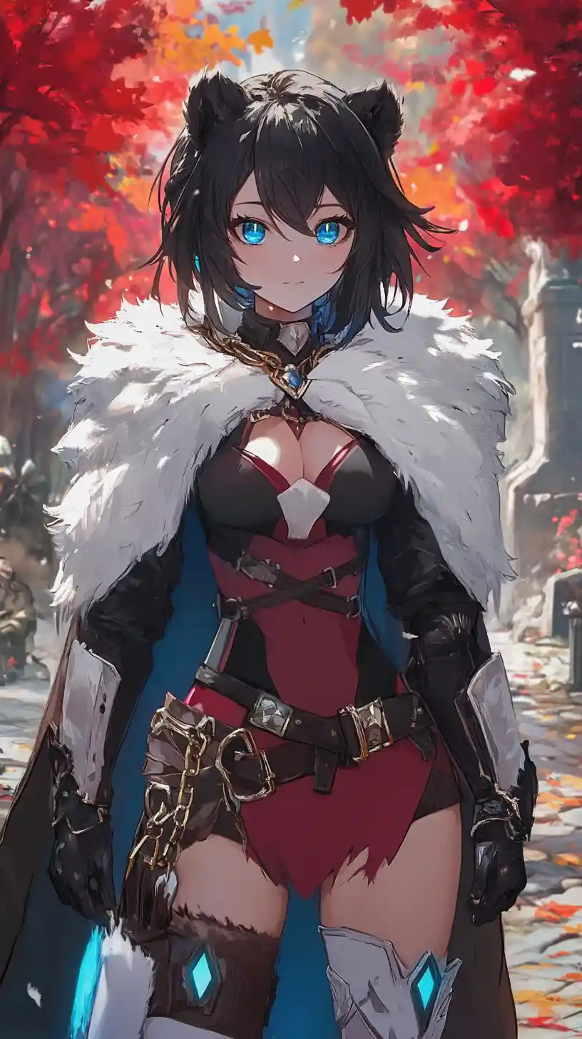 Anime warrior girl in white bear fur armor