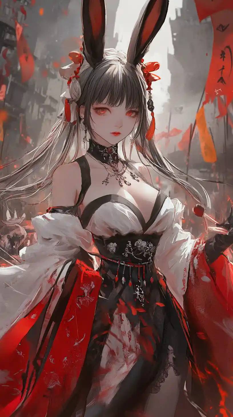 Anime girl with rabbit ears in ornate lace blouse