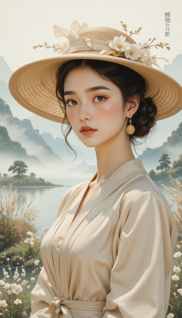Chica elegante de los años 50 con sombrero frente a lago de montaña brumoso