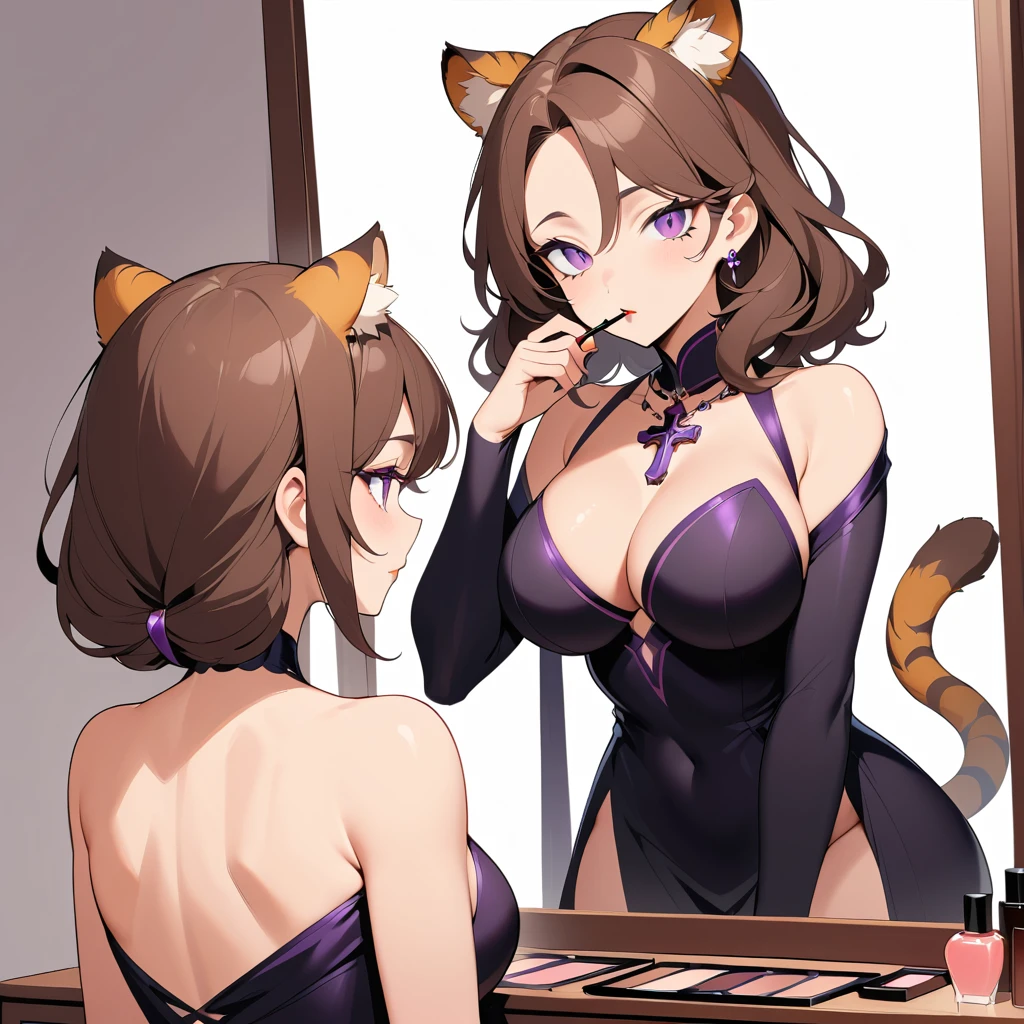 鏡の前でメイクをする大人の虎耳の女性