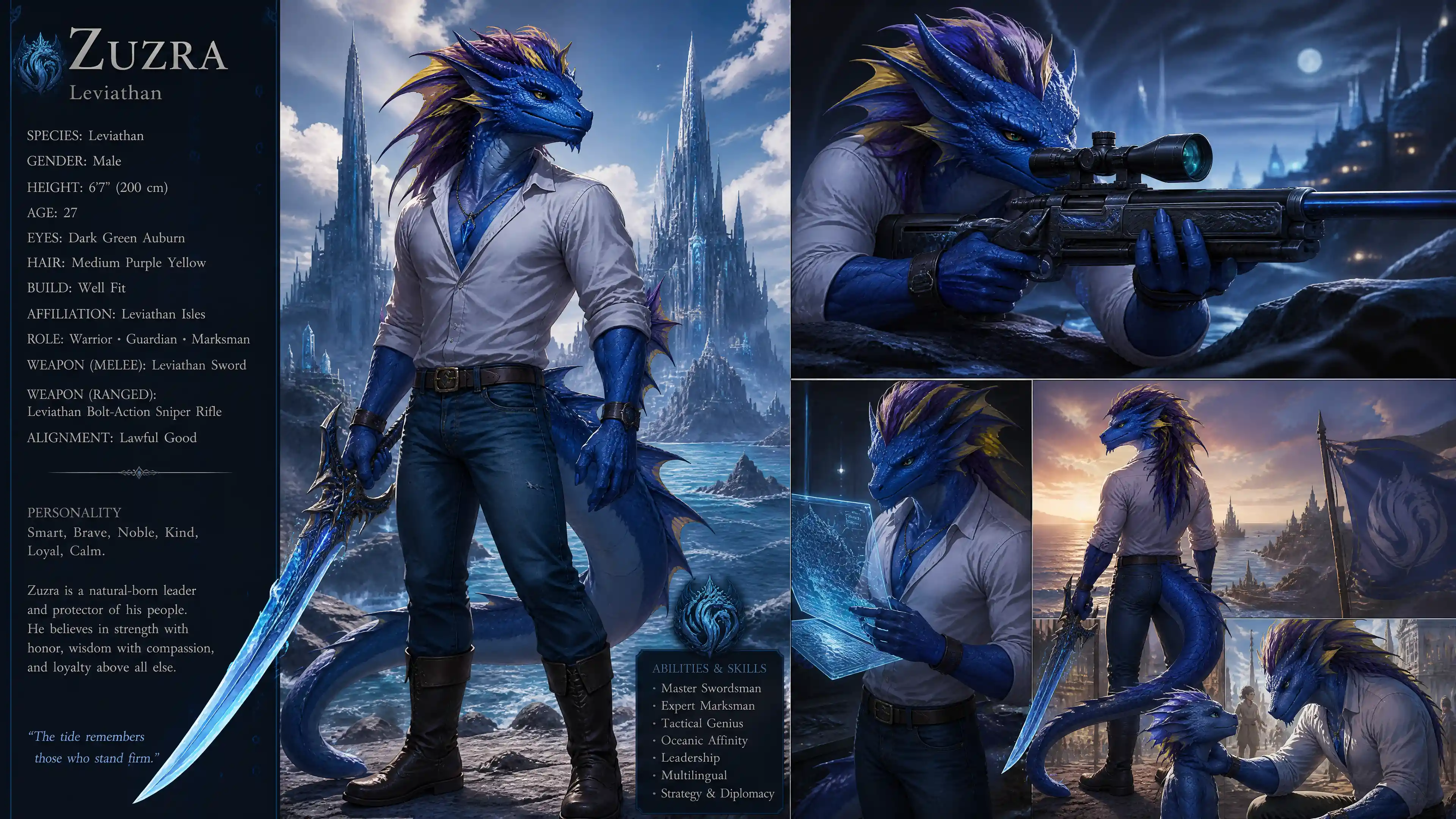 Guerrero leviatán azul antropomorfo con ropa moderna casual